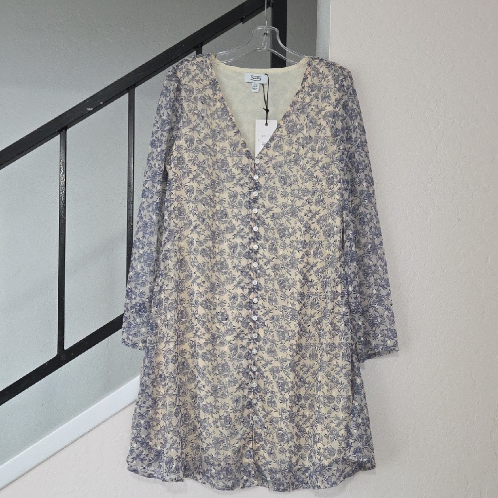 Myra Bag Cream And Blue Long Sleeve Dress Size S